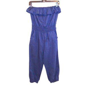 LOVE CULTURE DARK BLUE LINEN STRAPLESS RUFFLE TOP CROPPED JUMPSUIT W/ POCKETS